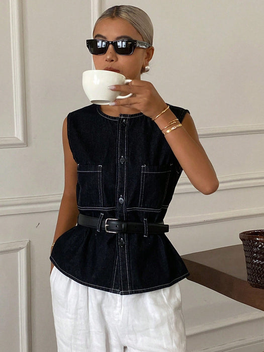 SHEIN Livesso Blusa de mujer de verano sin mangas con cuello redondo de denim - Quierox - Tienda Online