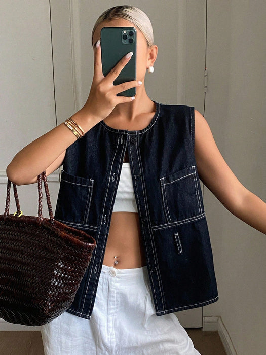 SHEIN Livesso Blusa de mujer de verano sin mangas con cuello redondo de denim - Quierox - Tienda Online