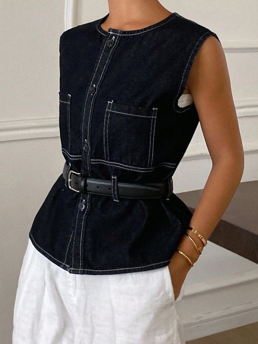 SHEIN Livesso Blusa de mujer de verano sin mangas con cuello redondo de denim - Quierox - Tienda Online