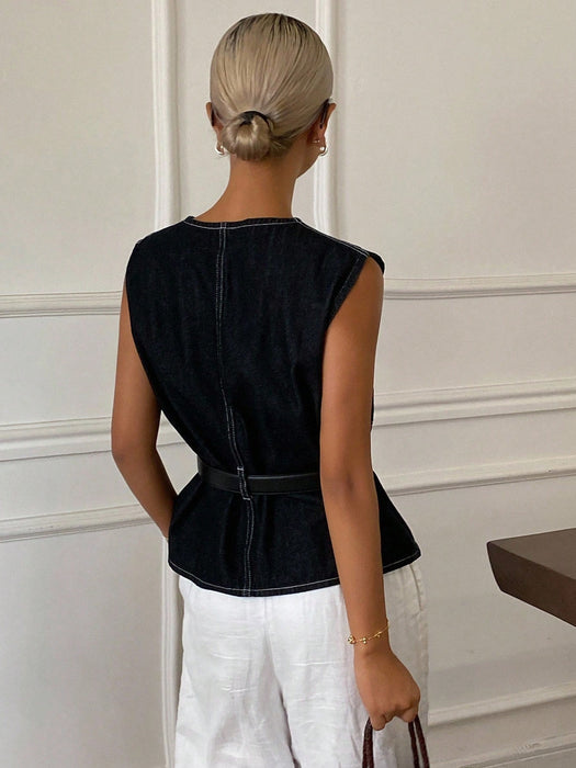 SHEIN Livesso Blusa de mujer de verano sin mangas con cuello redondo de denim - Quierox - Tienda Online