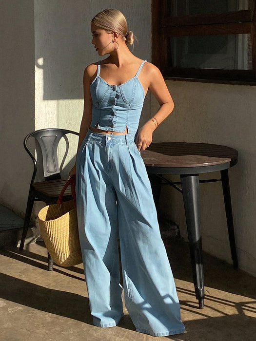 SHEIN Livesso Conjunto de 2 piezas de top de tirantes de mezclilla y pantalones - Quierox - Tienda Online