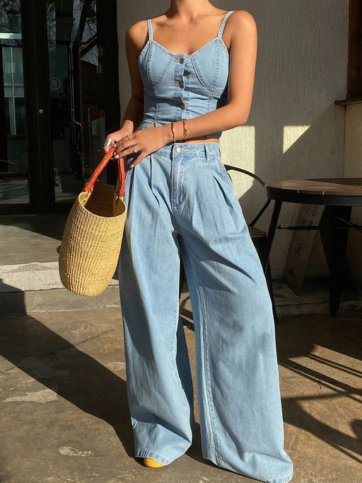 SHEIN Livesso Conjunto de 2 piezas de top de tirantes de mezclilla y pantalones - Quierox - Tienda Online