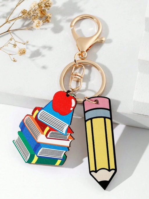 Shein Llavero unisex de madera con forma de lápiz y libros en colores arcoíris para Maestros - Quierox - Tienda Online