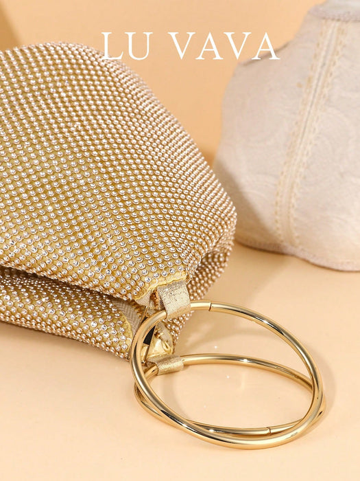 SHEIN LU VAVA Bolso de mano con base de aluminio brillante y detalles de cristal tejido en color dorado - Quierox - Tienda Online