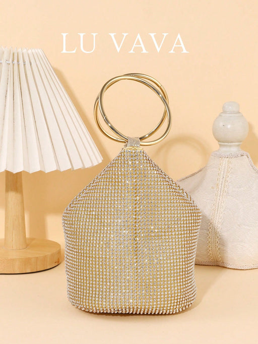 SHEIN LU VAVA Bolso de mano con base de aluminio brillante y detalles de cristal tejido en color dorado - Quierox - Tienda Online