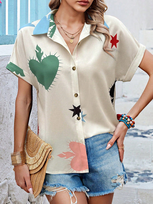 SHEIN LUNE Blusa informal de manga corta con estampado aleatorio de corazones y estrellas para mujeres - Quierox - Tienda Online