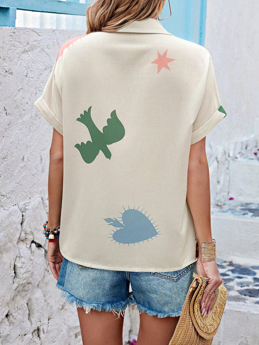 SHEIN LUNE Blusa informal de manga corta con estampado aleatorio de corazones y estrellas para mujeres - Quierox - Tienda Online