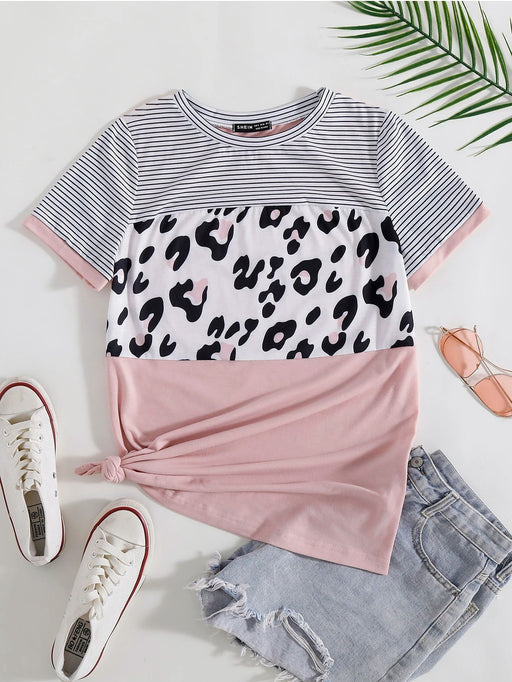 SHEIN LUNE Camiseta a rayas y estampado de leopardo con bloques de color - Quierox - Tienda Online