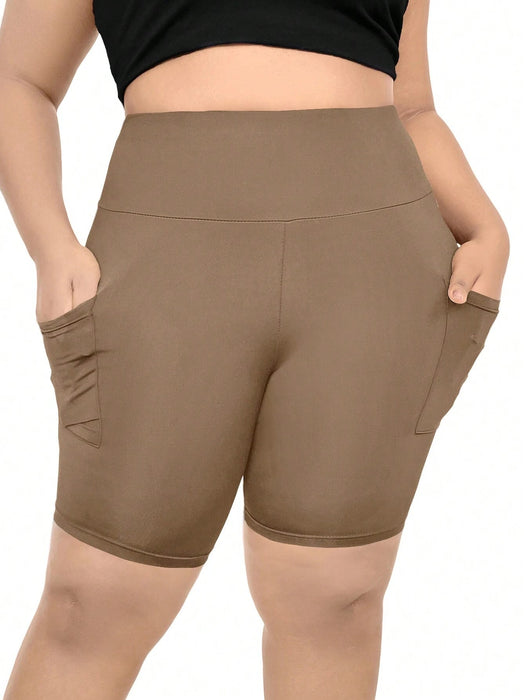 SHEIN LUNE Pantalones cortos ajustados con bolsillos y cintura alta a la moda para mujer de talla grande - Quierox - Tienda Online