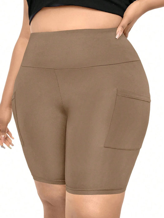 SHEIN LUNE Pantalones cortos ajustados con bolsillos y cintura alta a la moda para mujer de talla grande - Quierox - Tienda Online