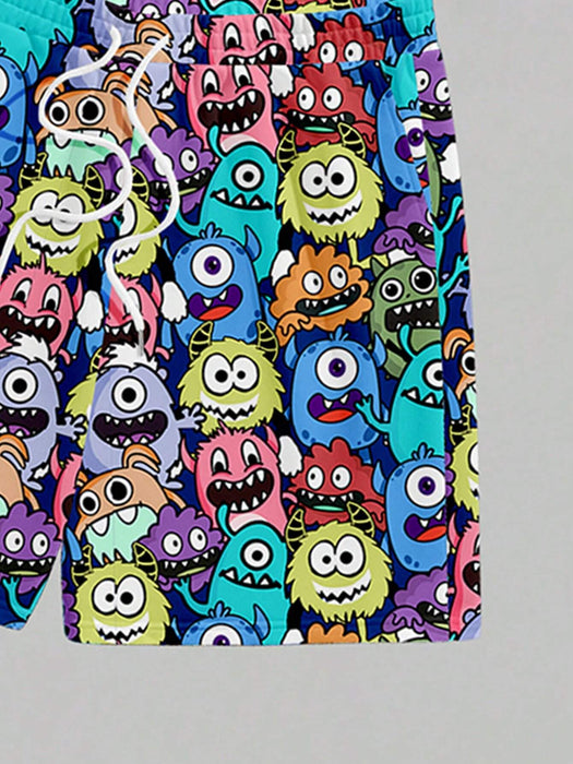 Shein Manfinity Homme Conjunto casual, camiseta de cuello redondo y manga corta de dibujos animados + pantalonetas con bolsillo y cordón - Quierox - Tienda Online