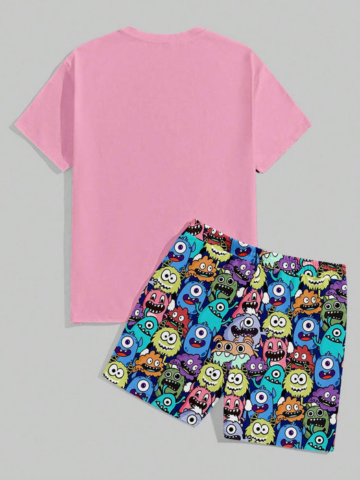 Shein Manfinity Homme Conjunto casual, camiseta de cuello redondo y manga corta de dibujos animados + pantalonetas con bolsillo y cordón - Quierox - Tienda Online