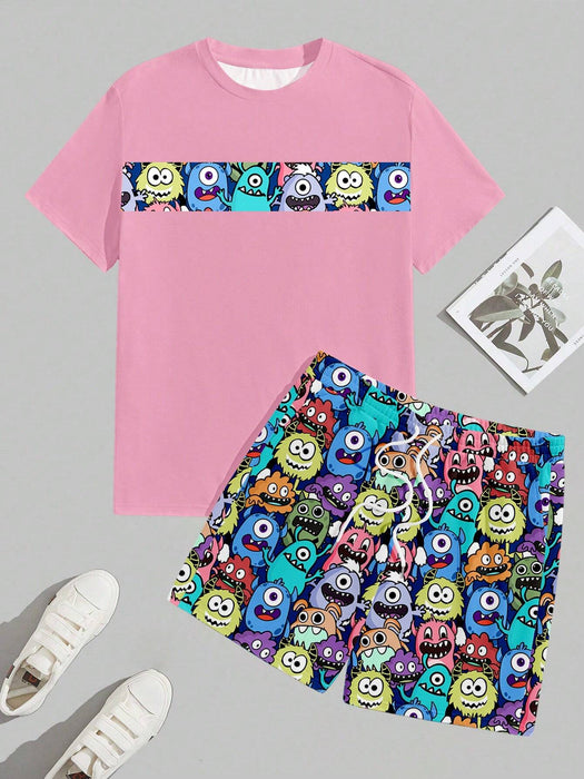 Shein Manfinity Homme Conjunto casual, camiseta de cuello redondo y manga corta de dibujos animados + pantalonetas con bolsillo y cordón - Quierox - Tienda Online
