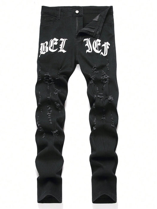 Shein Manfinity LEGND Vaqueros rotos de algodón con estampado de letras para hombre, corte slim - Quierox - Tienda Online