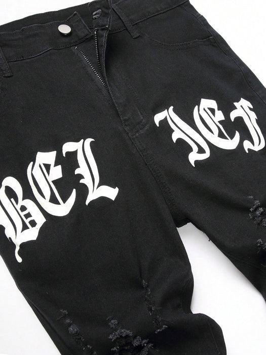 Shein Manfinity LEGND Vaqueros rotos de algodón con estampado de letras para hombre, corte slim - Quierox - Tienda Online