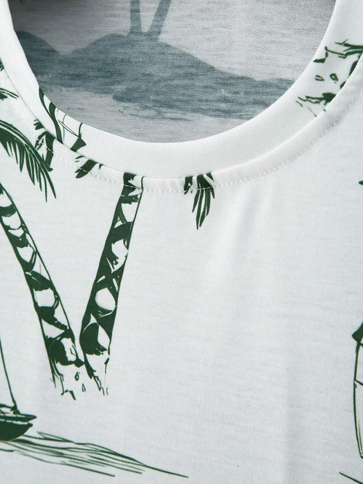 Shein Manfinity RSRT Conjunto de vacaciones de camiseta de manga corta con estampado de palmeras y pantalones cortos con cordón - Quierox - Tienda Online