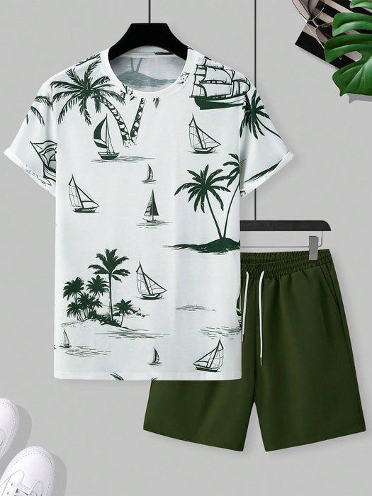 Shein Manfinity RSRT Conjunto de vacaciones de camiseta de manga corta con estampado de palmeras y pantalones cortos con cordón - Quierox - Tienda Online