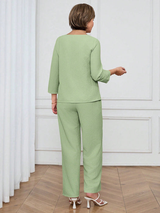 SHEIN Miaspire Conjunto casual de camisa y pantalón de color liso para mujer - Quierox - Tienda Online