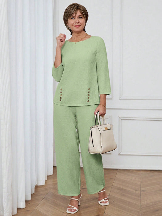 SHEIN Miaspire Conjunto casual de camisa y pantalón de color liso para mujer - Quierox - Tienda Online