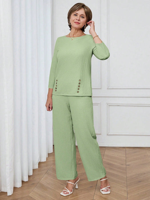 SHEIN Miaspire Conjunto casual de camisa y pantalón de color liso para mujer - Quierox - Tienda Online