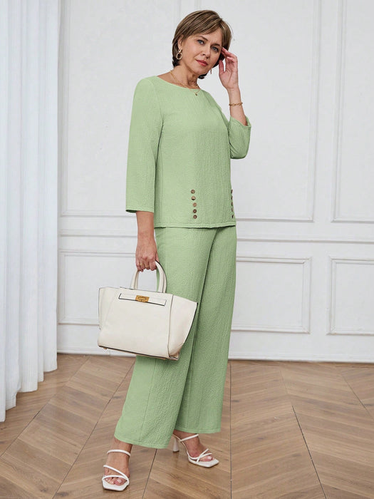 SHEIN Miaspire Conjunto casual de camisa y pantalón de color liso para mujer - Quierox - Tienda Online