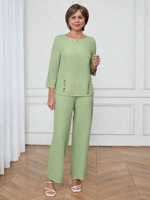 SHEIN Miaspire Conjunto casual de camisa y pantalón de color liso para mujer - Quierox - Tienda Online