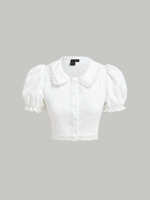 SHEIN MOD Blusa corta de manga abullonada con ribete de encaje - Quierox - Tienda Online