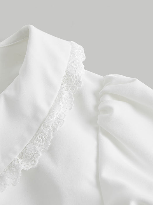 SHEIN MOD Blusa corta de manga abullonada con ribete de encaje - Quierox - Tienda Online