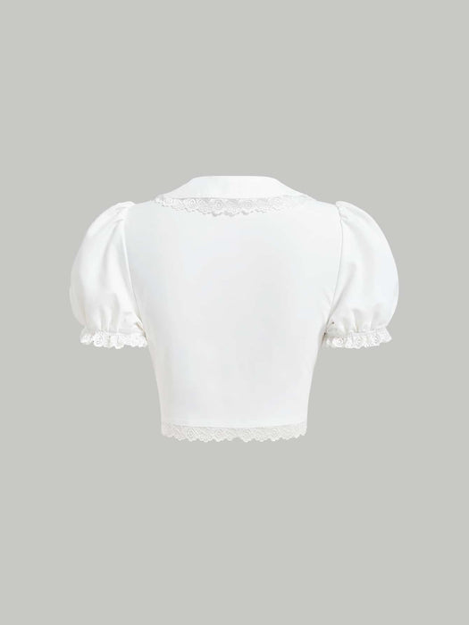SHEIN MOD Blusa corta de manga abullonada con ribete de encaje - Quierox - Tienda Online