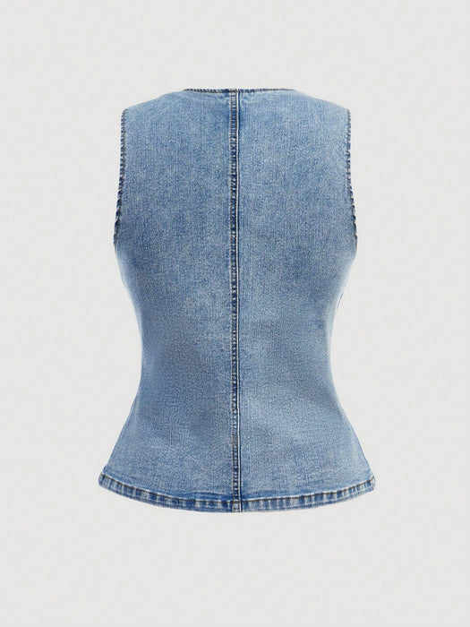 SHEIN MOD Camisa vaquera sin mangas con botones delanteros y lavado informal - Quierox - Tienda Online