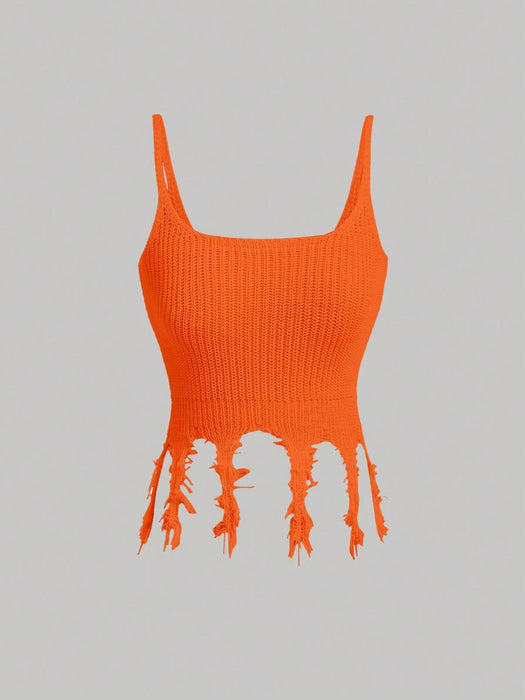 SHEIN MOD Camiseta de punto sin mangas de unicolor de verano para mujer con bajo deshilachado - Quierox - Tienda Online