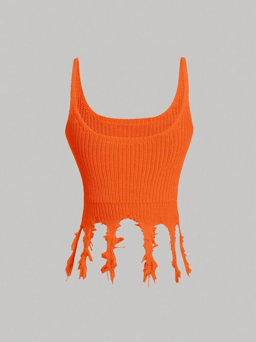 SHEIN MOD Camiseta de punto sin mangas de unicolor de verano para mujer con bajo deshilachado - Quierox - Tienda Online