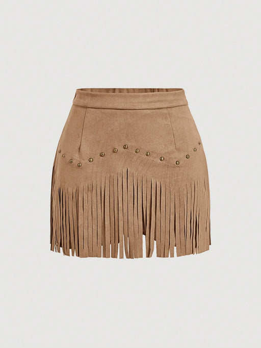 SHEIN MOD Falda A-Line marrón con remaches y flecos, - Quierox - Tienda Online