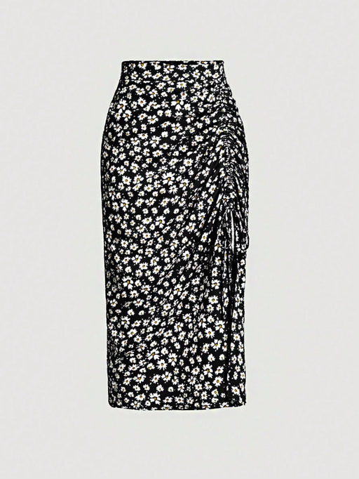 SHEIN MOD Falda con estampado floral con cordón fruncido de muslo con abertura - Quierox - Tienda Online