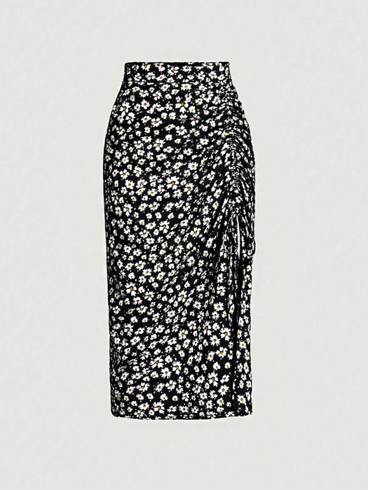 SHEIN MOD Falda con estampado floral con cordón fruncido de muslo con abertura - Quierox - Tienda Online