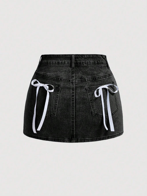 SHEIN MOD Falda corta de mezclilla casual para mujer con decoración de lazo - Quierox - Tienda Online