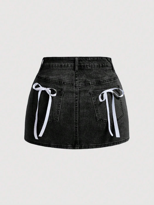 SHEIN MOD Falda corta de mezclilla casual para mujer con decoración de lazo - Quierox - Tienda Online