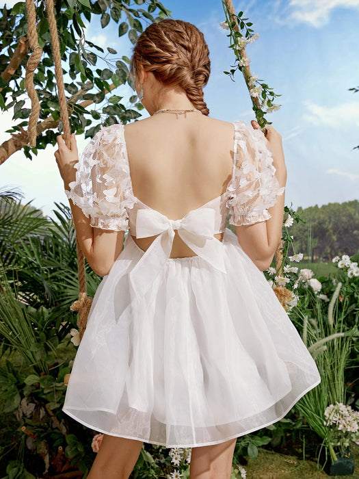 SHEIN MOD Vestido de malla con detalle de aplique de mariposa y mangas abullonadas - Quierox - Tienda Online