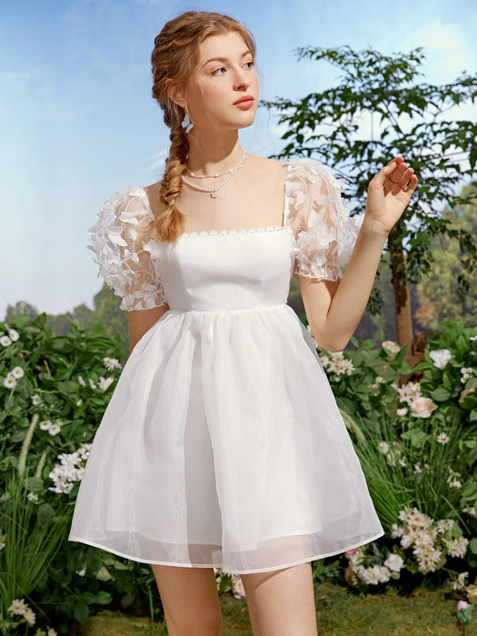 SHEIN MOD Vestido de malla con detalle de aplique de mariposa y mangas abullonadas - Quierox - Tienda Online