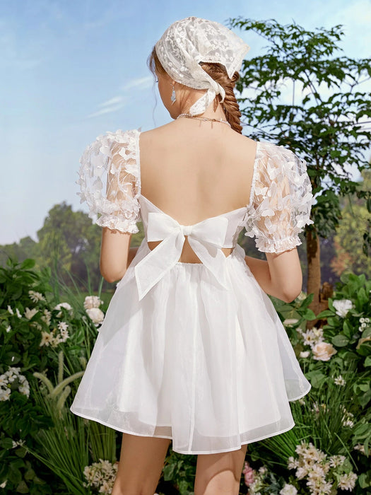 SHEIN MOD Vestido de malla con detalle de aplique de mariposa y mangas abullonadas - Quierox - Tienda Online