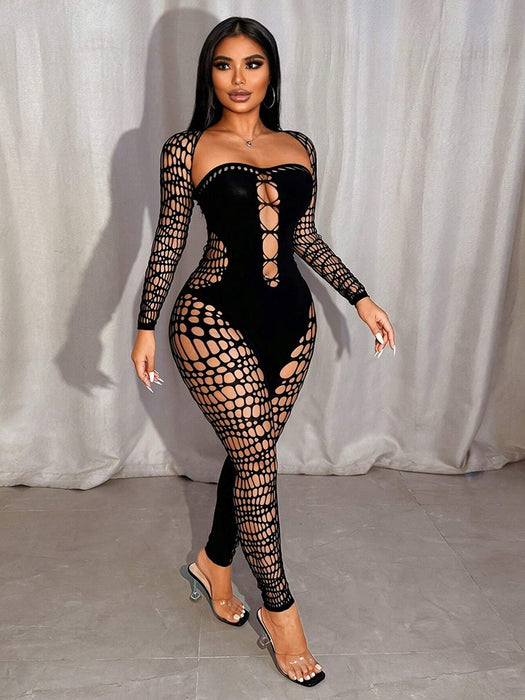 Shein Mono de malla sexy transparente de manga larga con escote en forma de corazón para mujer de VaVaBold - Quierox - Tienda Online