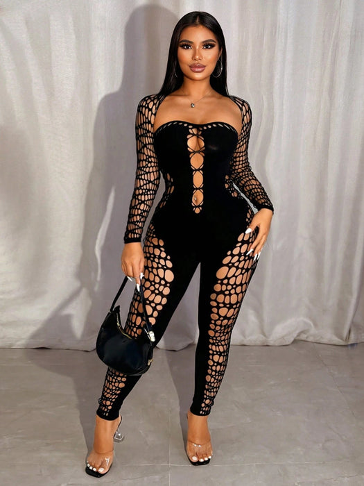 Shein Mono de malla sexy transparente de manga larga con escote en forma de corazón para mujer de VaVaBold - Quierox - Tienda Online