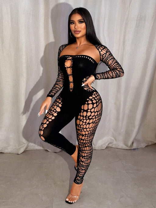 Shein Mono de malla sexy transparente de manga larga con escote en forma de corazón para mujer de VaVaBold - Quierox - Tienda Online