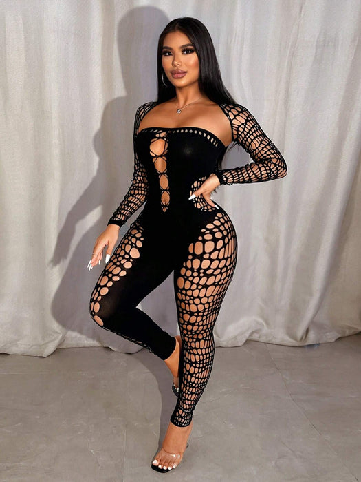 Shein Mono de malla sexy transparente de manga larga con escote en forma de corazón para mujer de VaVaBold - Quierox - Tienda Online