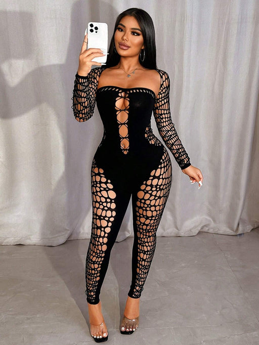Shein Mono de malla sexy transparente de manga larga con escote en forma de corazón para mujer de VaVaBold - Quierox - Tienda Online