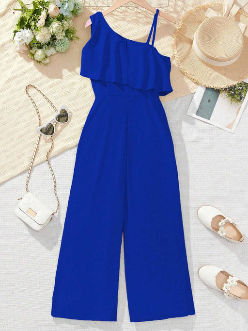 Shein Mono holgado de color liso con cuello asimétrico, volantes y pernera ancha - Quierox - Tienda Online
