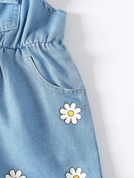 SHEIN Mono vaquero con volantes y lazo en la parte delantera con estampado floral para niña - Quierox - Tienda Online