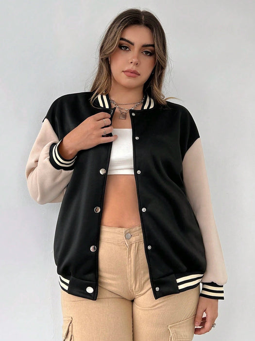 SHEIN MOOSTA Plus Chaqueta de dos tonos con hombros caídos y ribete de rayas con gráfico de letras - Quierox - Tienda Online