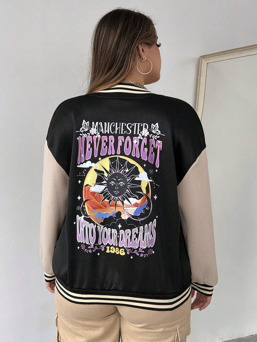SHEIN MOOSTA Plus Chaqueta de dos tonos con hombros caídos y ribete de rayas con gráfico de letras - Quierox - Tienda Online