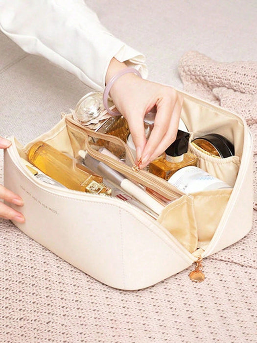 Shein Neceser impermeable de piel sintética para maquillaje de doble capa de gran capacidad - Quierox - Tienda Online